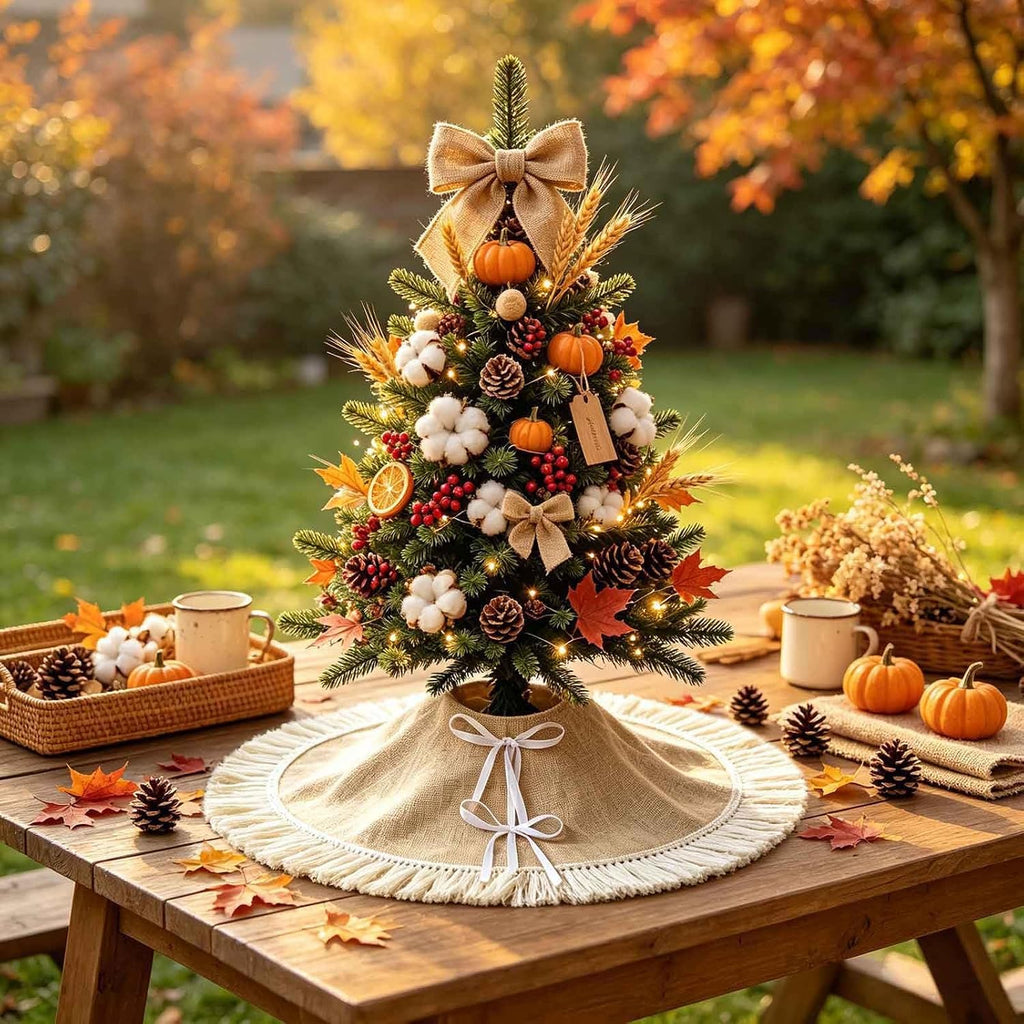 24" Burlap Tree Skirts with Tassel, Fall Tree Skirt for 2-3 Ft Tabletop