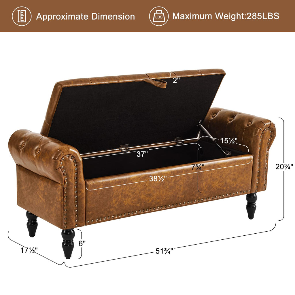 Storage Ottoman Bench, Leather Benches End of Bed Bench with Solid Wood Legs Upholstered Ottoman Bench with Storage