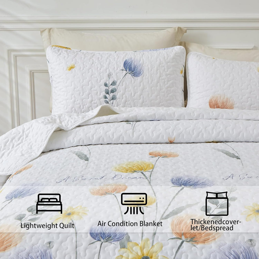 Floral Quilt Set Queen 3 Pieces Blue & Yellow Quilts Bedding Set Bohemian Bedspread Bed Cover Lightweight Spring