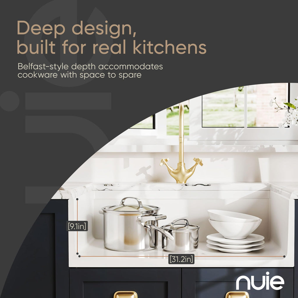 White Kitchen Sink 33 inch Single Bowl Apron Front Farmhouse Sink with Ledge, Grid and Cutting Board, Fireclay