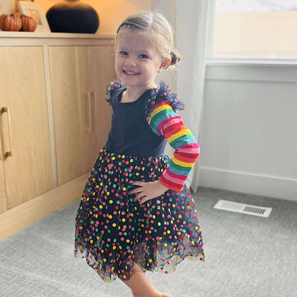 Toddler Girls Dresses Long Sleeve Rainbow Tutu Dress for Party