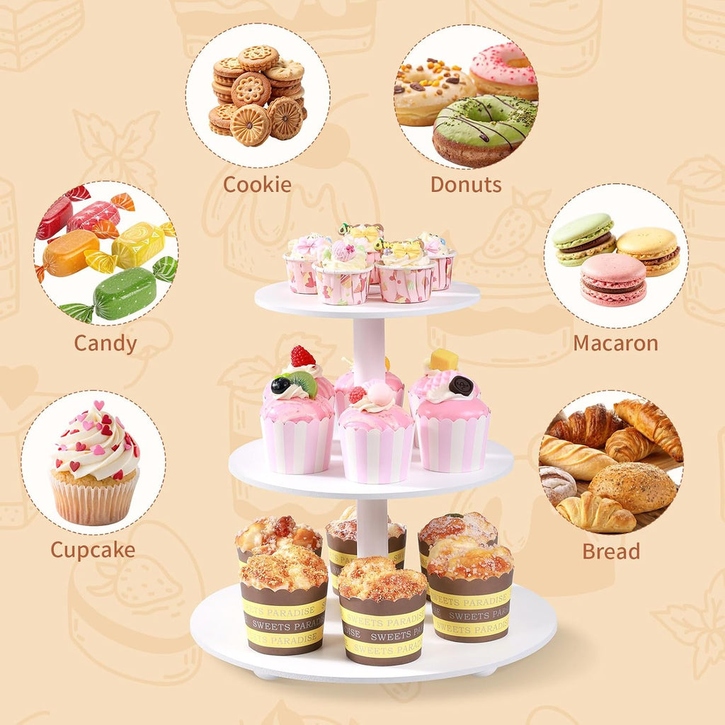 3-Tier Wood Cupcake Stand: 12in White Round stand for cupcake