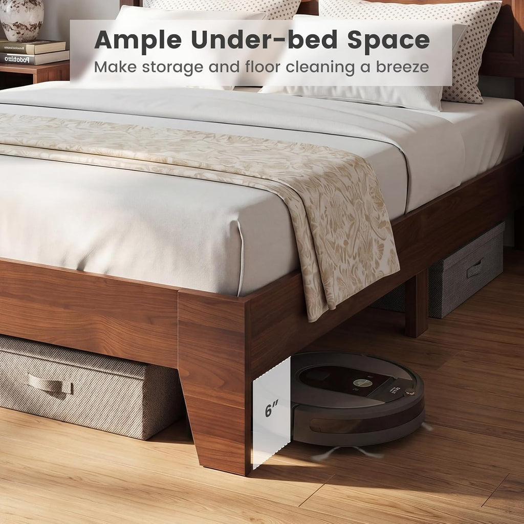 Queen Bed Frame, Mid-Century Modern Platform Bed with Headboard, Wooden Slat Support Mattress Foundation, Under-Bed