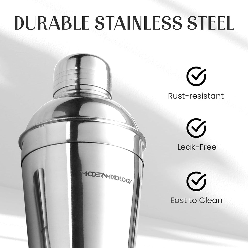 Cocktail Shaker Set - Bartender Kit with Pine Stand | Leak-Proof Design | Includes Martini Shaker, Jigger, Strainer - Set of 8