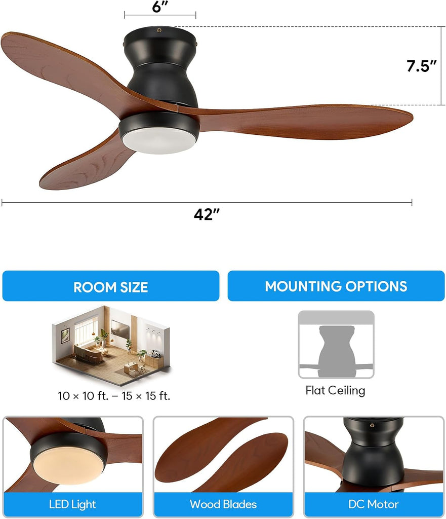 42 Inch Wood Ceiling Fan with Light and Remote - Flush Mount, 3 Solid Wood Blades, Dimmable 3-Color LED, Reversible DC Motor - Black