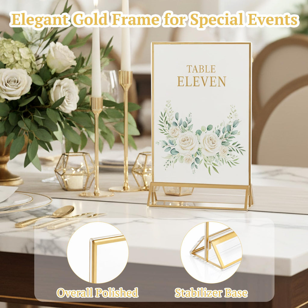 6 Pack Acrylic Sign Holder 5 x 7, Double Sided Gold Picture Frame Stand up Table Top Sign Holders, Clear Display