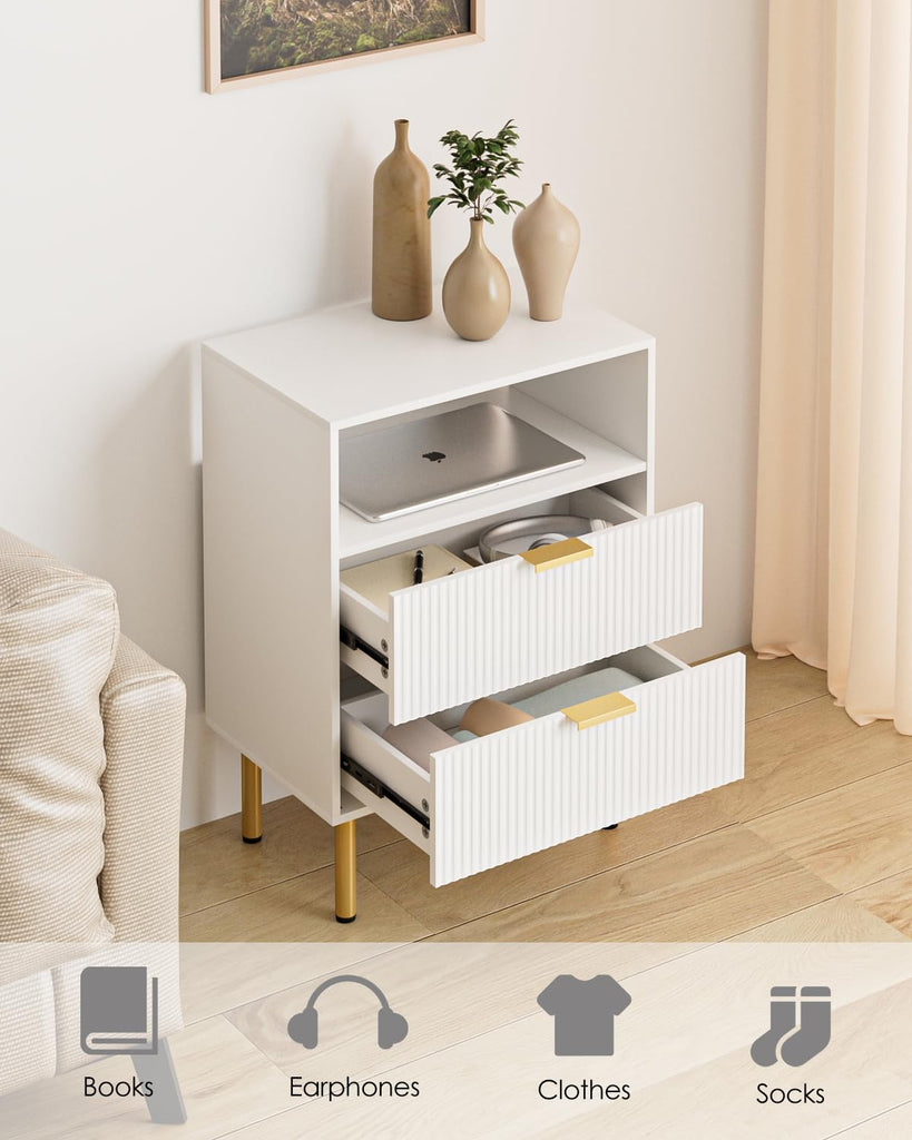 Night Stand, 25.7" H Bedside Table with 2-Drawer Shelf, Morden Nightstand with Gold Frame, Fluted Side Table with Gold