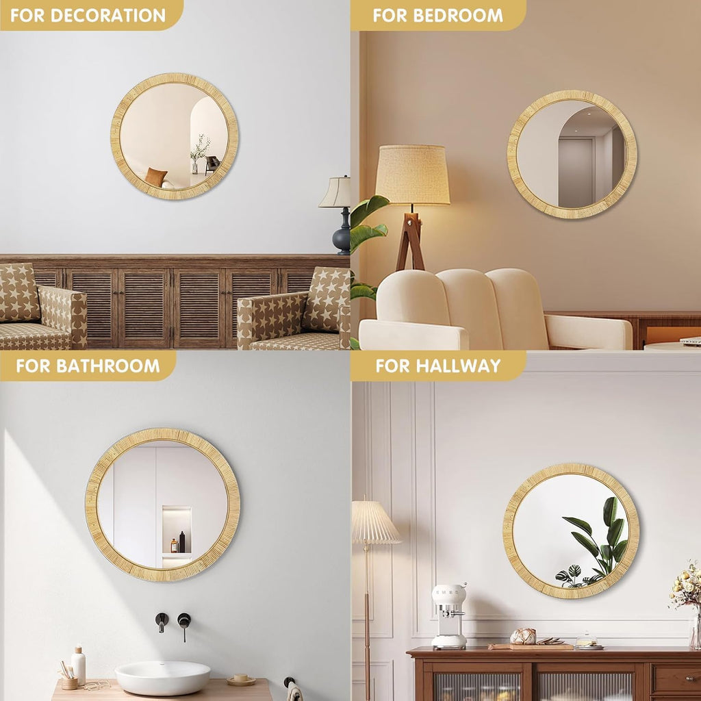 Decorative Rattan Wall Mirror, Boho Bathroom Modern Makeup Mirror, Rustic Wall Bohemia Mirrors, Vanity Versatile