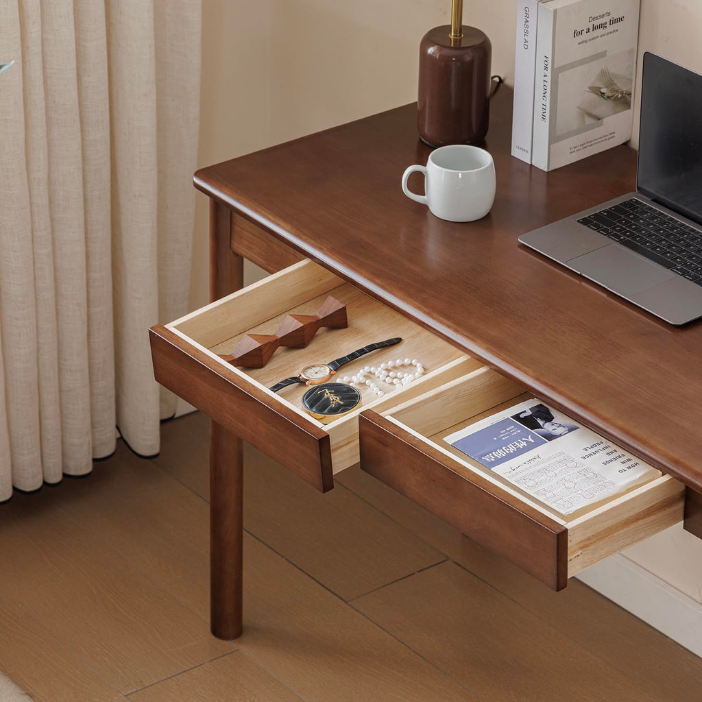 Solid Wood Desk with Drawers (Walnut Color, 39.4inch)