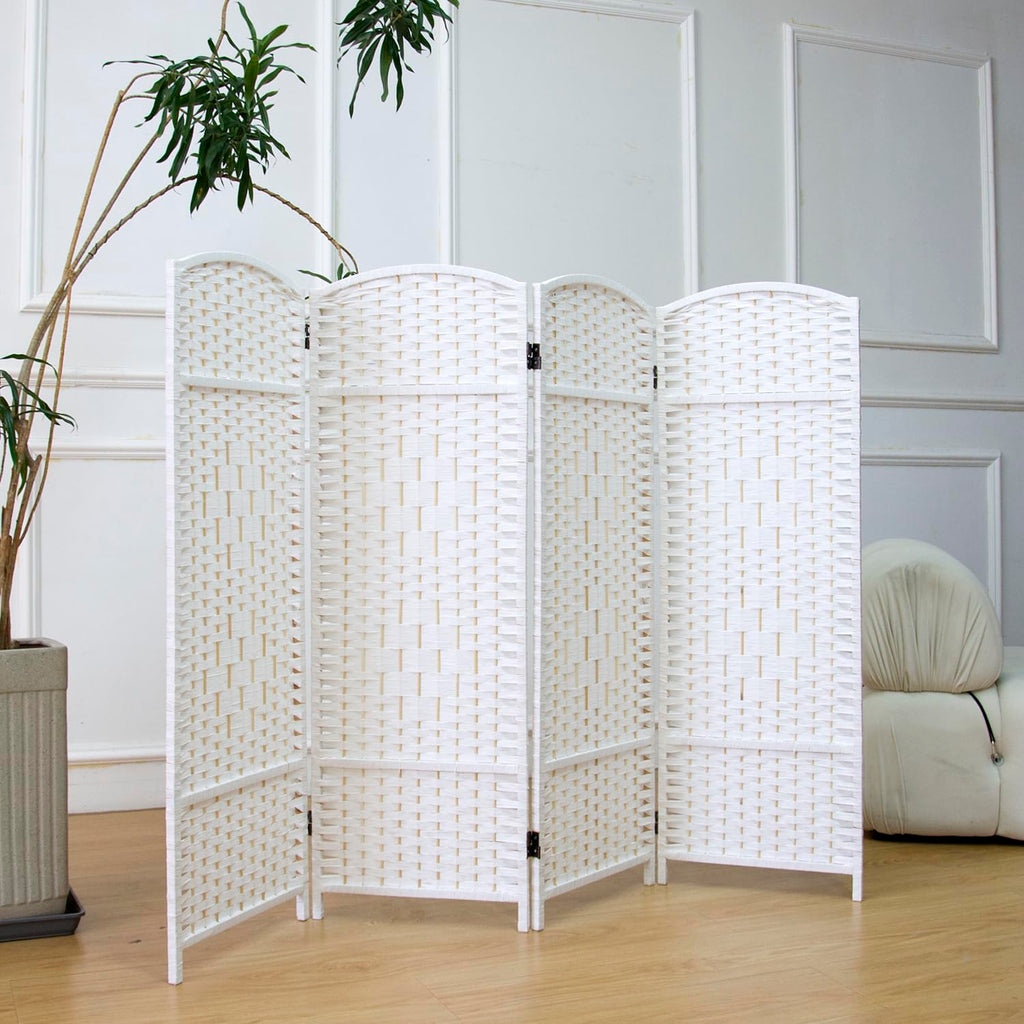 4 Panel Rattan Divider Short Room Partition Screen, Double Sided Folding Divider for Room Separation, White, 47.2" H x