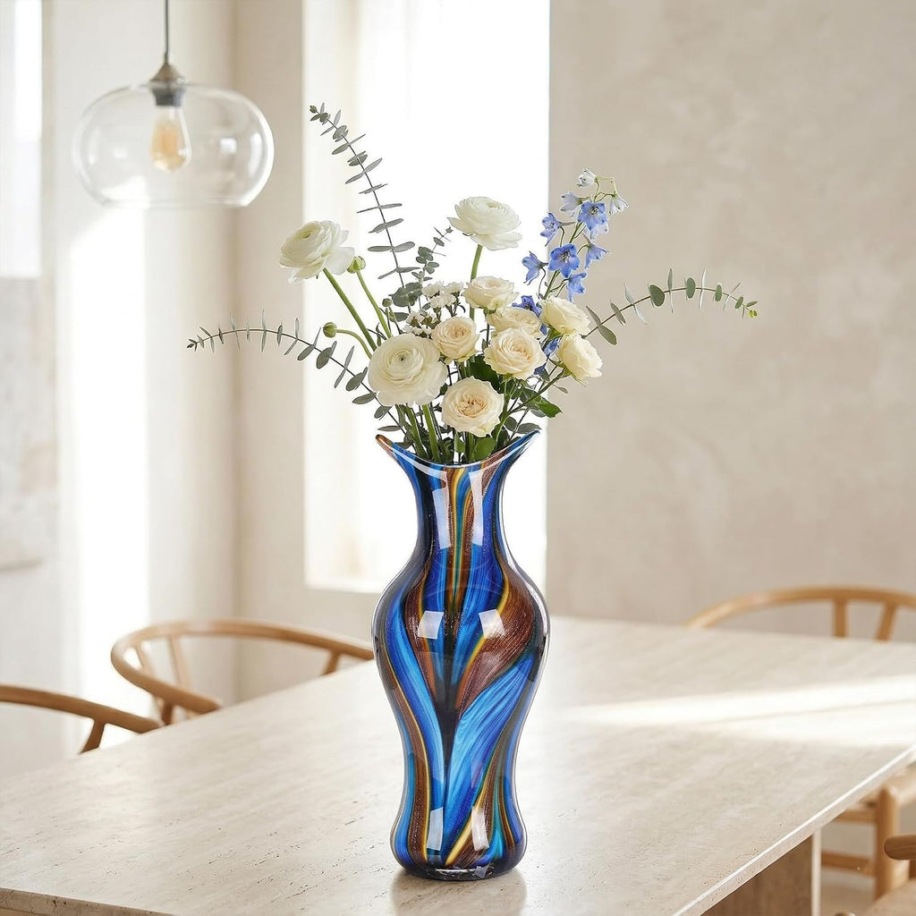 Hand Blown Glass Vase for Flowers, Murano Style Swirl Art Decorative Glass Vases Decor, Wedding Table Centerpiece