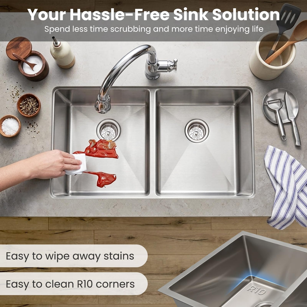 32 Inch Double Bowl Kitchen Sinks with Quick Drain Slope - 11 Gauge (3mm) 304 Stainless Steel Undermount Kitchen Sink