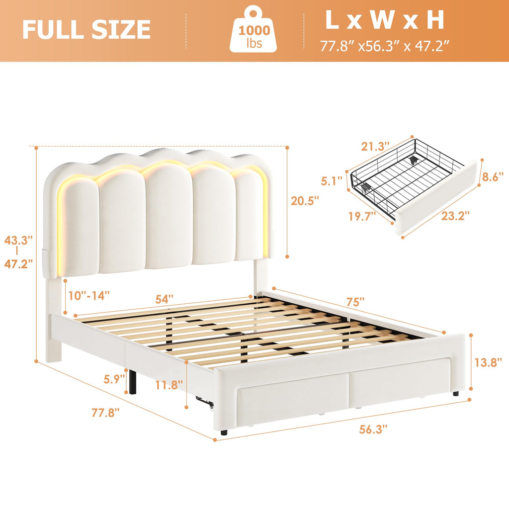 Full Upholstered LED Bed Frame with 2 Storage Drawers and Adjustable Chic Double Wavy Headboard, Velvet Princess