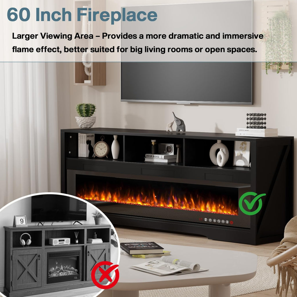 65" Fireplace TV Stand with 60" Glass Electric Fireplace for TVs Up to 75 inch, Modern Fireplace Entertainment Center