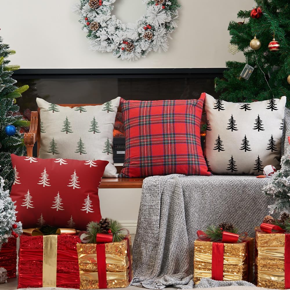 Christmas Pillow Covers 20x20 inch Christmas Tree Decorative White Throw Pillow Covers Winter Famliy - Set of 2