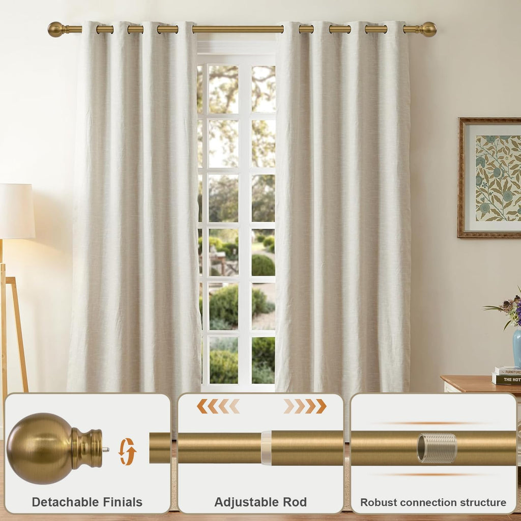 Warm Gold Curtain Rods for Windows Small 28 to 48 Inch 1" Diameter Short Adjustable Heavy Duty Antique Brass Metal