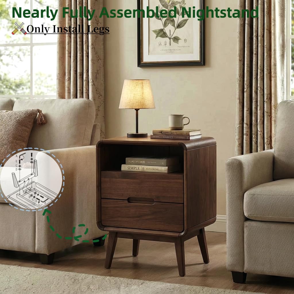 Walnut Nightstand Solid Wood Night Stand, Dark Wood Nightstands with 2 Drawers & Open Shelf, Mid Century Modern