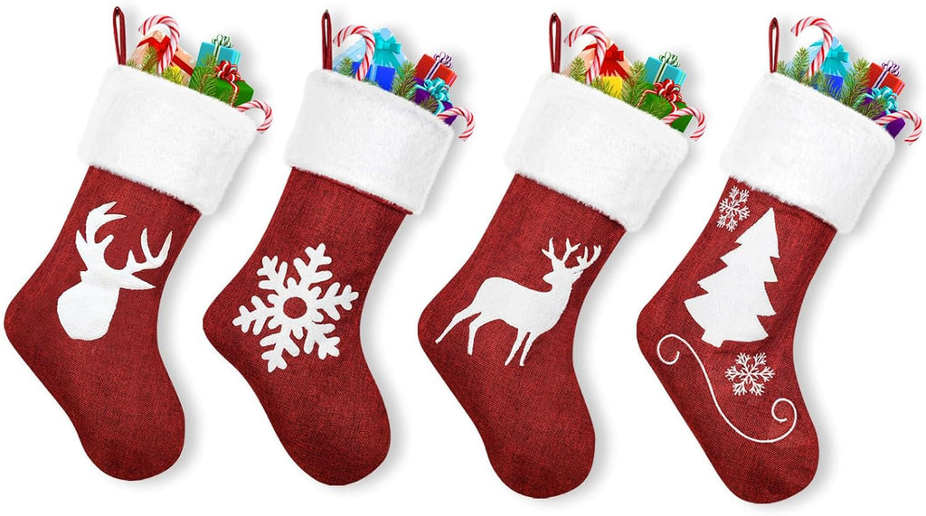 Christmas Stockings Set of 4 Embroider Deer Christmas Tree Snowflake Fabric Cuff Gift Bags for Kids Holiday Fireplace