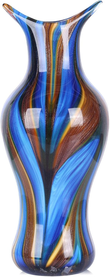 Handblown Art Glass Vase, 12.4" Tall Heavy Duty Decorative Flower Vase with Unique Swirl Pattern, Modern Murano Style
