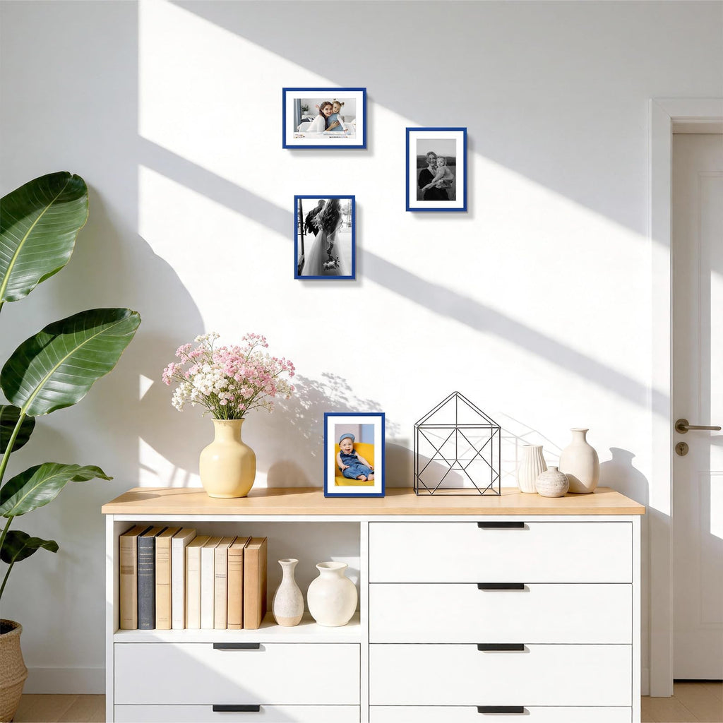 5x7 Blue Aluminum Frame with White Mat, Real Glass