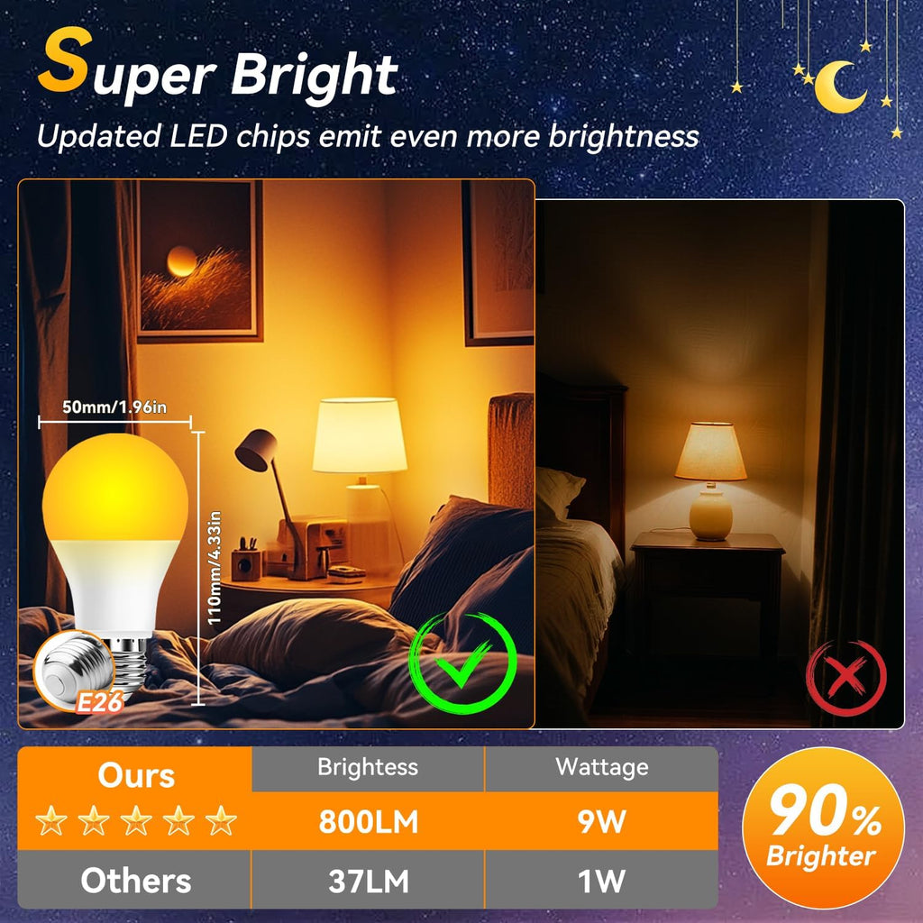 Amber Sleep Light Bulbs 1800K, 9W 60 Watt Equivalent, 99.96% Blue Blocking Soft Warm Light Bulbs A19, Amber Night