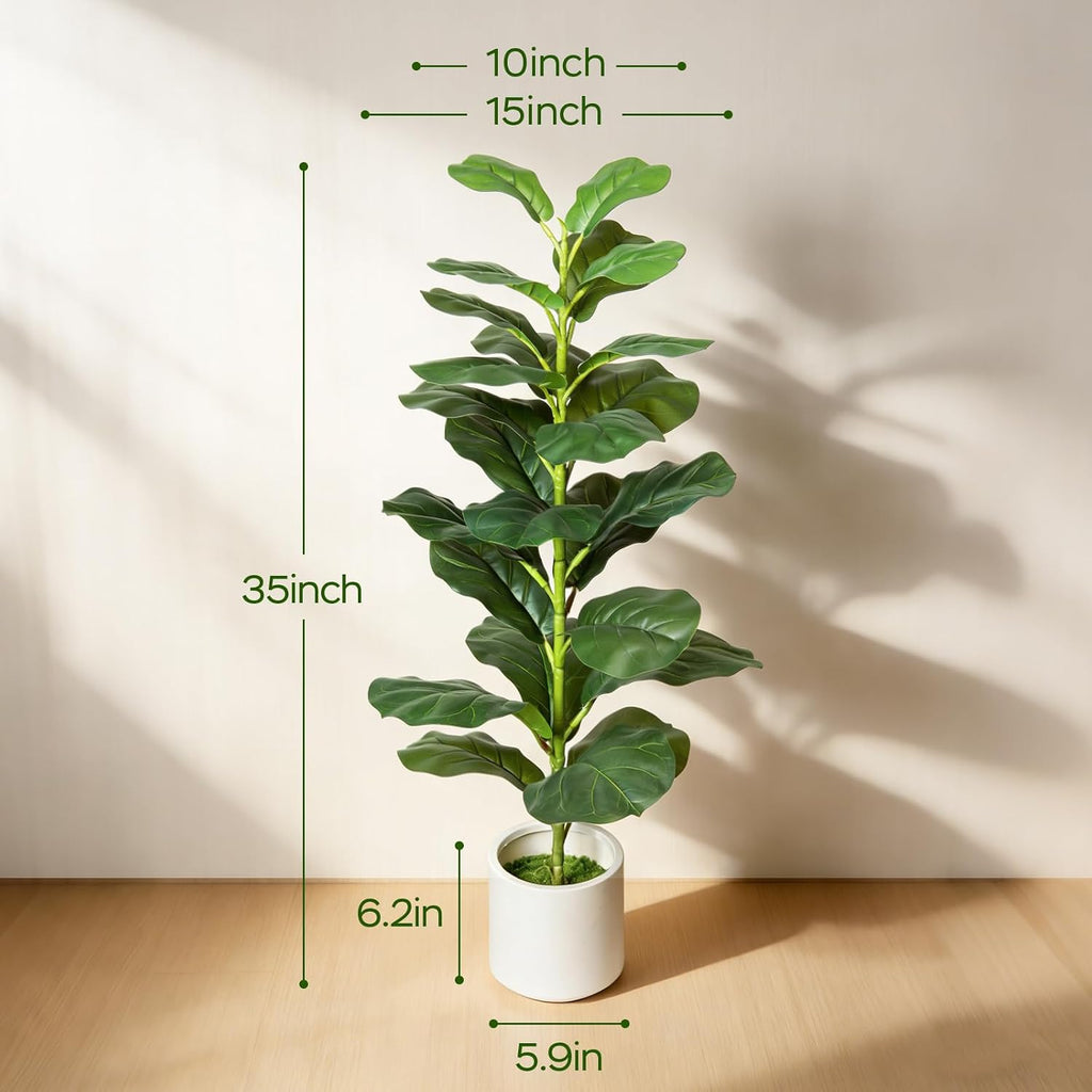 Artificial Fiddle Leaf Fig Tree, 35" Faux Ficus Lyrata Plant with Pot, Floor Plant Outdoor Artificial Plant - Set of 2