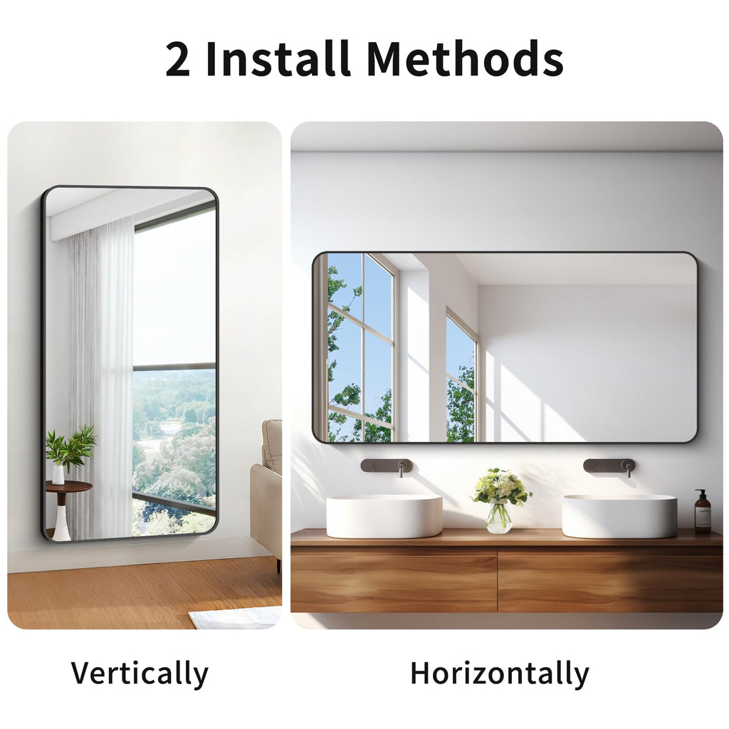 30x60 inch Bathroom Mirror,Black Rectangle Mirror,Wall Mounted Bathroom Frame Vanity Mirror with Round Corner Living