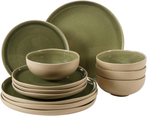 Manila Bay 12-Piece Stoneware Dinnerware Set, Service for 4, Reactive Glaze Modern Artisan Plates, Bowls & Mugs, Green