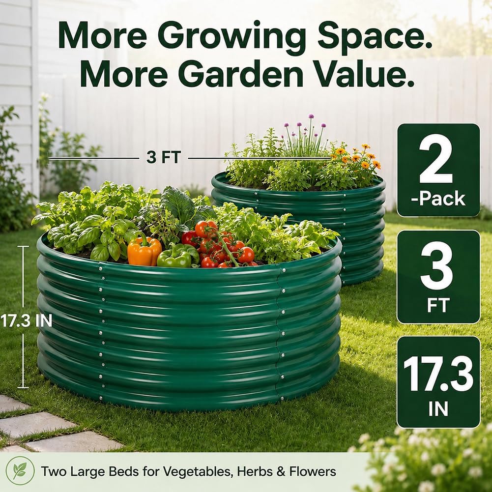17" Tall 3FT Round Raised Garden Bed, 2 Pc Galvanized Raised Box, Dark Grey | Bottomless High Metal Garden Bed