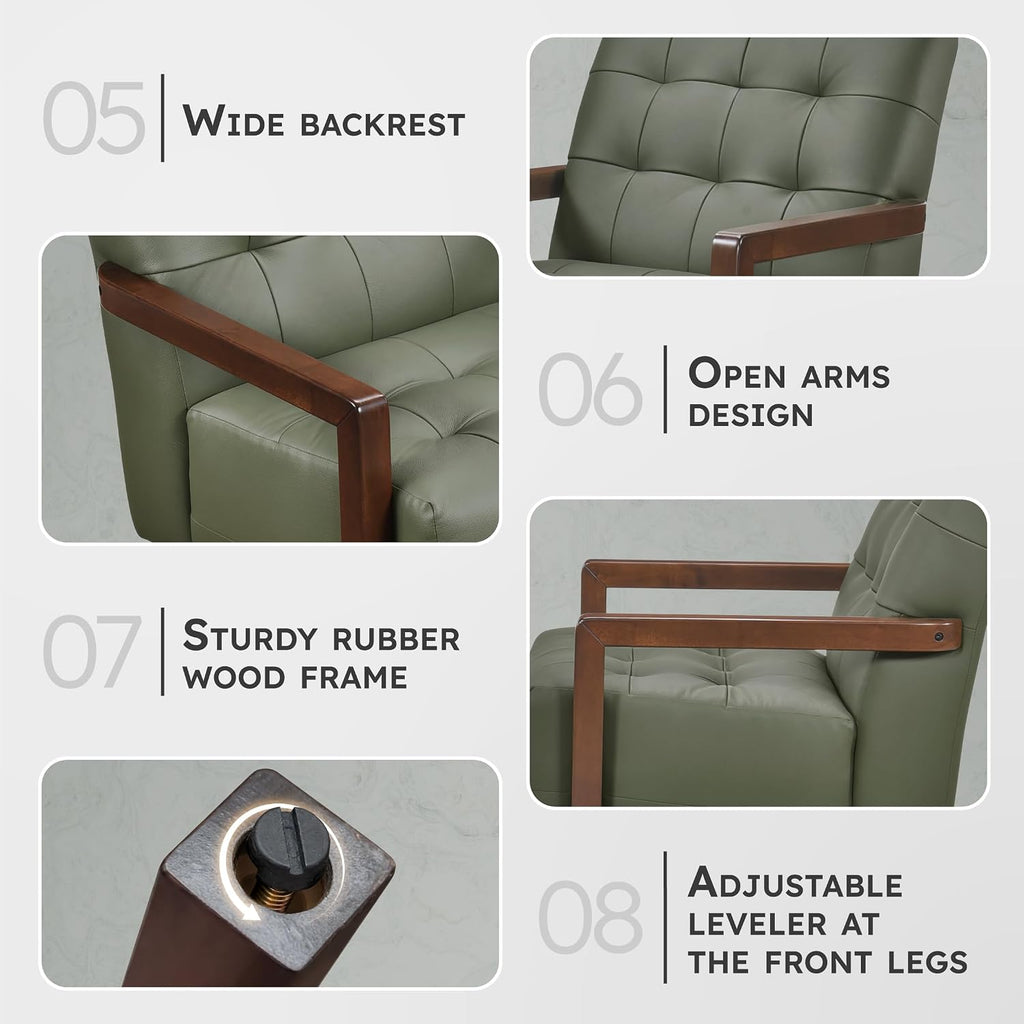 Modern Leather Match Accent Chair,Tufted,Solid Wood Arms,Green