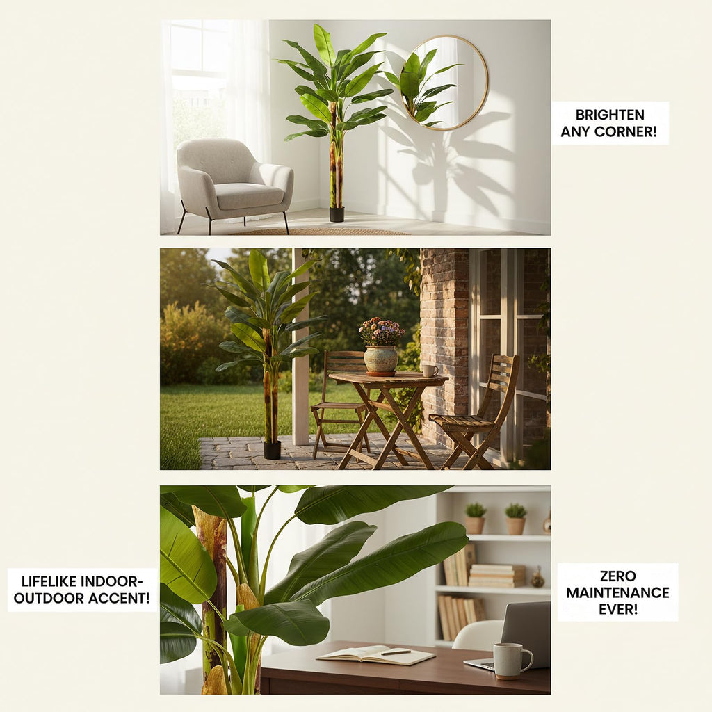7ft Artificial Banana Tree, Real Touch Faux Leaves, Natural Texture Trunk with Cement Weighted Base. Large Fake