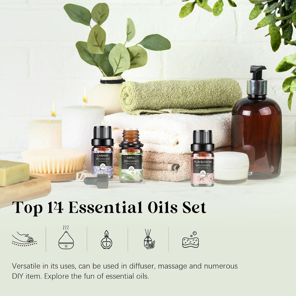 Floral Essential Oils Set - Fragrance Oil for Diffusers, Aromatherapy, Candle Making - Lavender, Geranium - Set of 14
