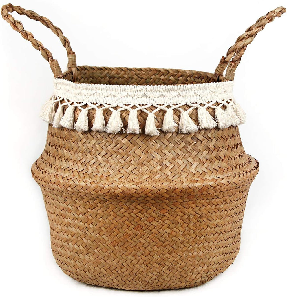 Boho Woven Seagrass Belly Basket for Storage Plant Basket or Toy Basket Living Bathroom (Large, Beige)