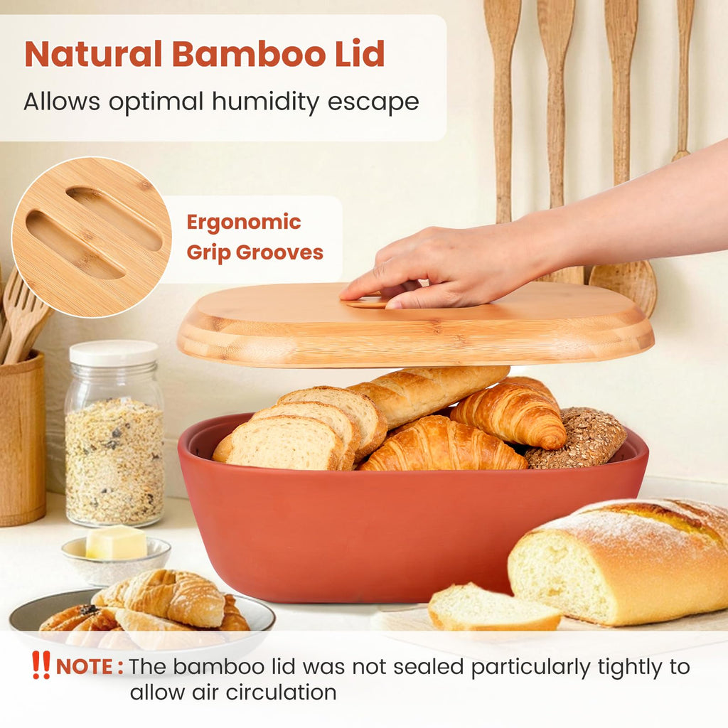 Terracotta Bread Saver Box with Gift Box, Internal 9.8"x5.1"x3.9" Small Bread Bin with Natural Bamboo Lid,Food-Safe