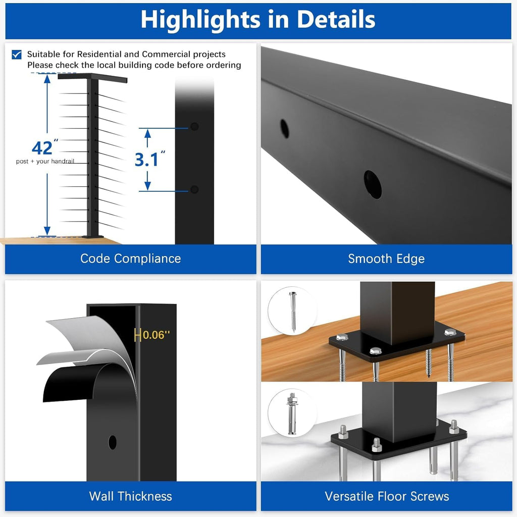 42" Modular Cable Railing Corner Post for Deck Porch, L-drilled