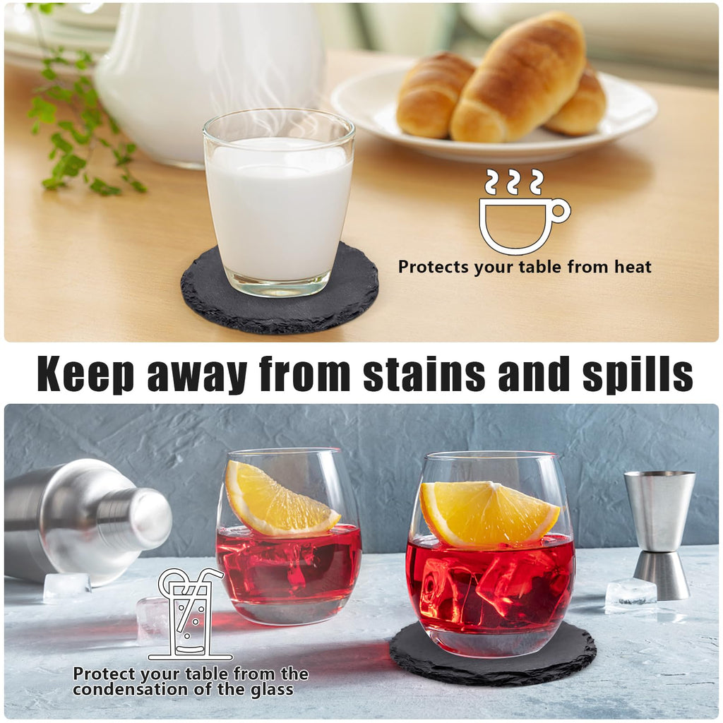 12 Pack 4 Inch Round Slate Drink Coasters with Metal Holder