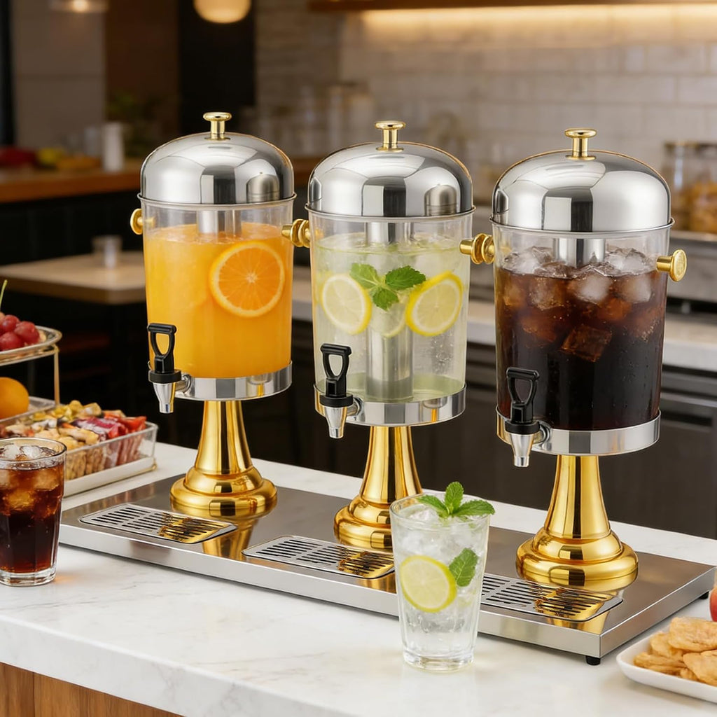 6.6 Gal Triple Head Beverage Drink Dispenser with Ice Core, Gold Stand