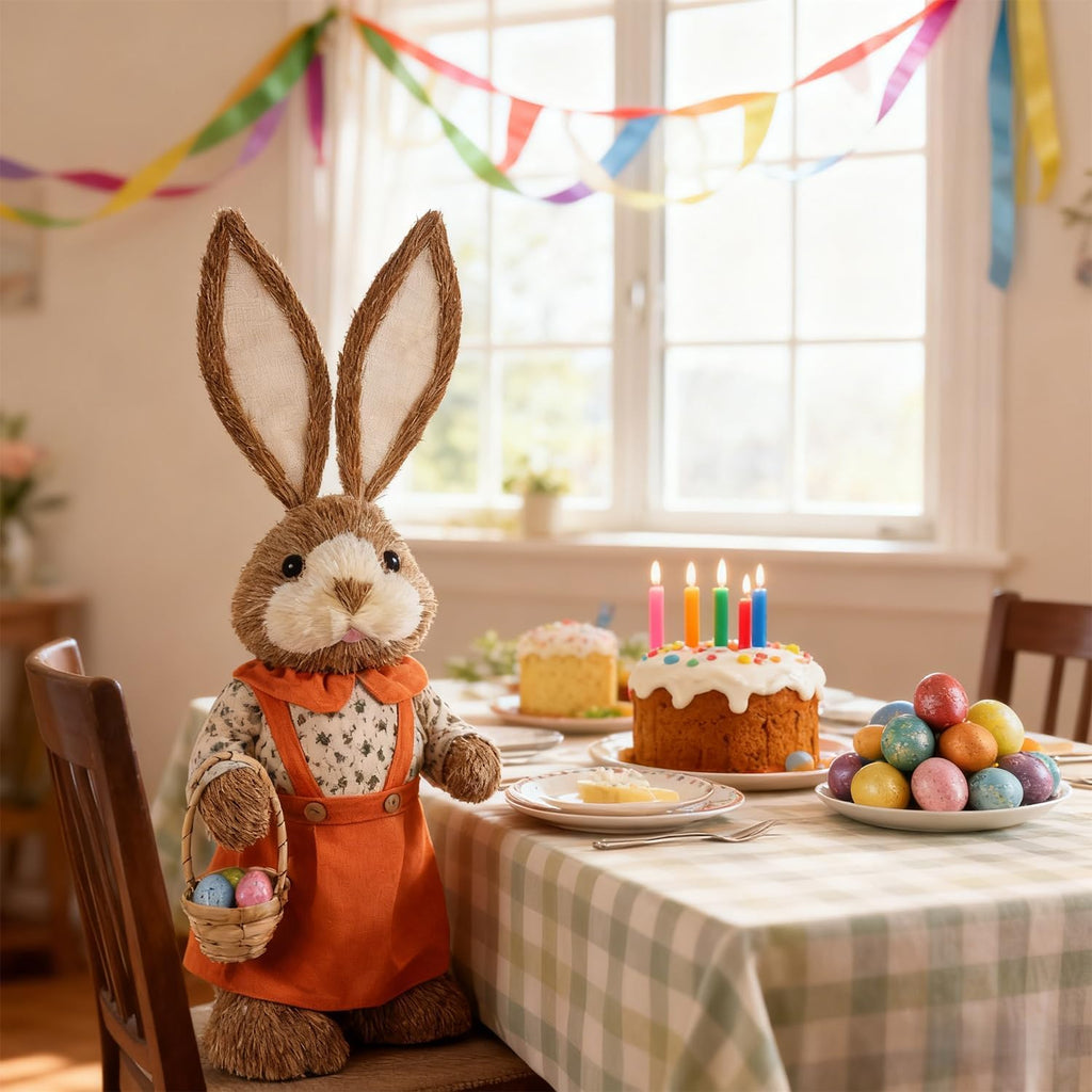 Easter Bunny Decor, 32"(2.6FT) Large Standing Sisal Rabbit Figurine, Handmade Easter Straw Mrs. Bunny Statues, Cute