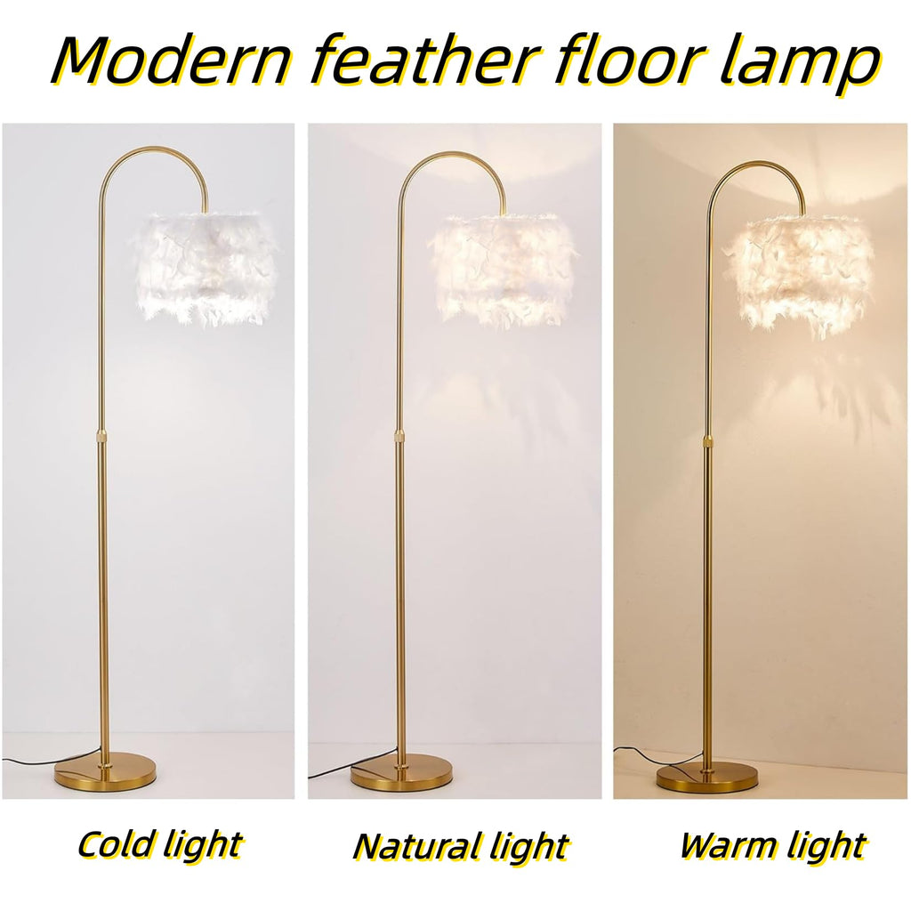 Arc Feather Floor Lamp, Gold Modern LED Feather Standing Lamp, Natural Feather Decorative Tall Lamp with Foot Switch