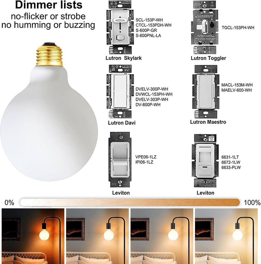 LED Light Bulb G30 Dimmable Flick-Free Matt White 10W Soft White 3000k CRI95 1000LM, 100W Equivalent Vintage LED