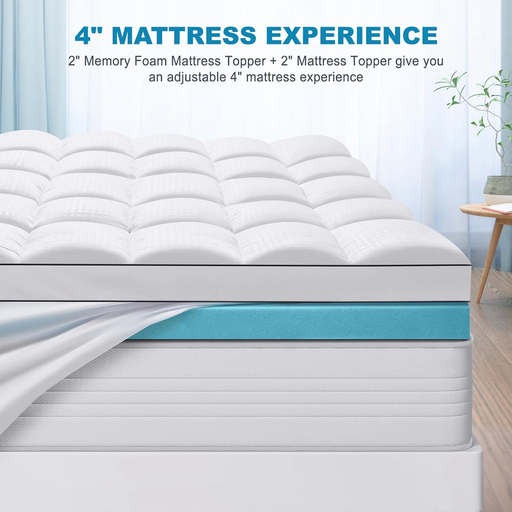 King Size Dual Layer 4 Inch Memory Foam Mattress Topper, 2 Inch Gel Memory Foam and 2 Inch Cooling Pillow Top
