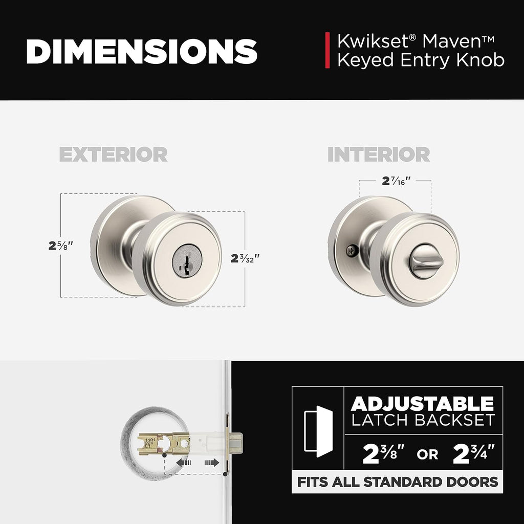 Maven Front Door Knob with Lock and Key, Re-Key Technology, Satin Nickel