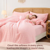 Pink Queen Comforter Set 7 Pieces, Luxury Seersucker Queen Bed Set for All Seasons