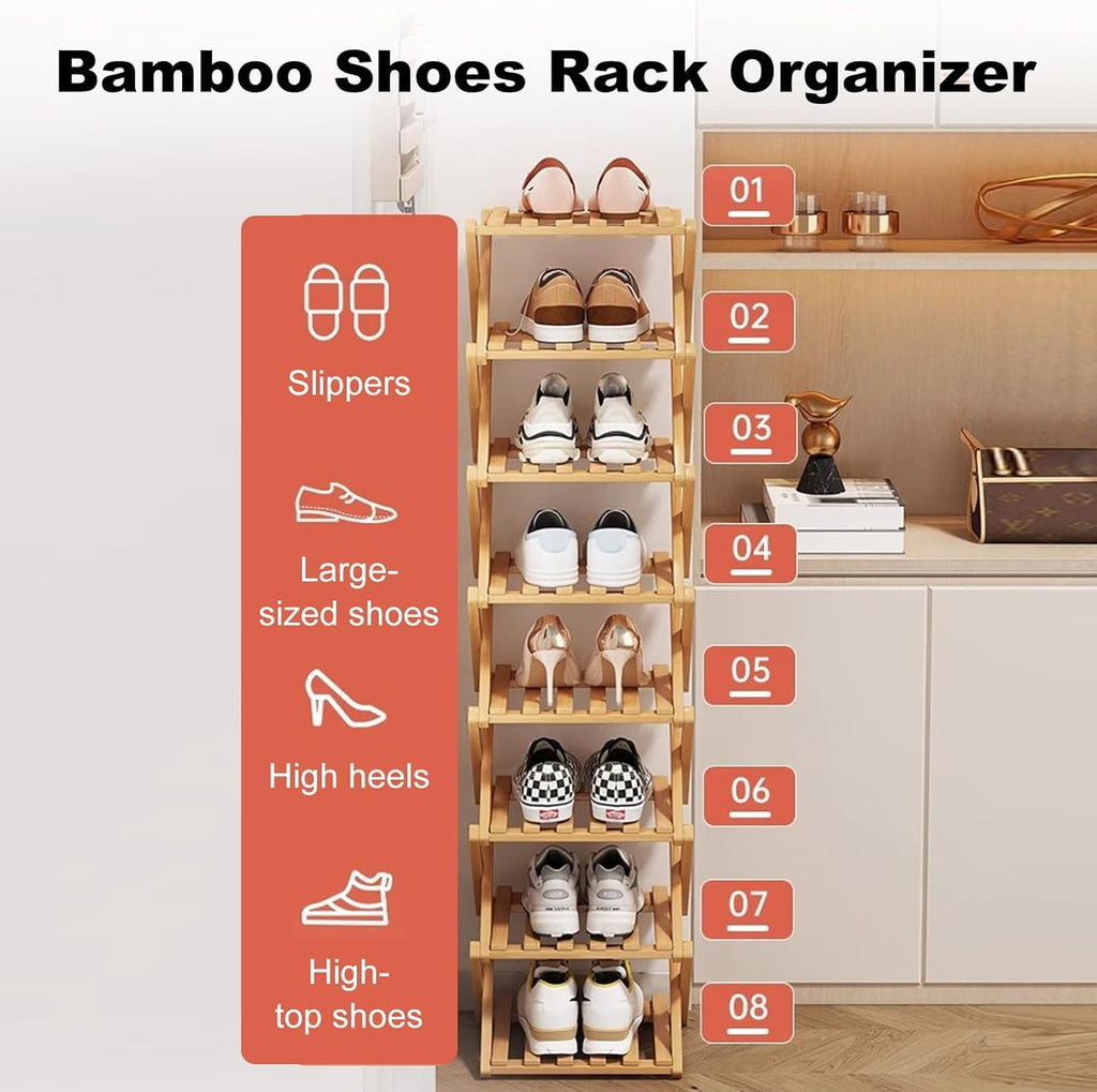 Bamboo Shoe Rack, Foldable Vertical Free Standing Shoe Storage Shelf
