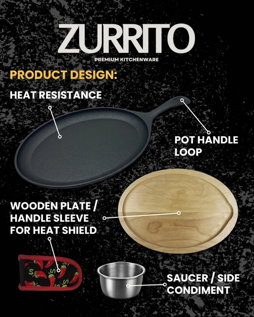 4x Fajita Skillet with Saucers, Cast Iron Hot Plate, Fajita Kit, Sizzling Plate with Wooden Base, Fajita Skillet Set