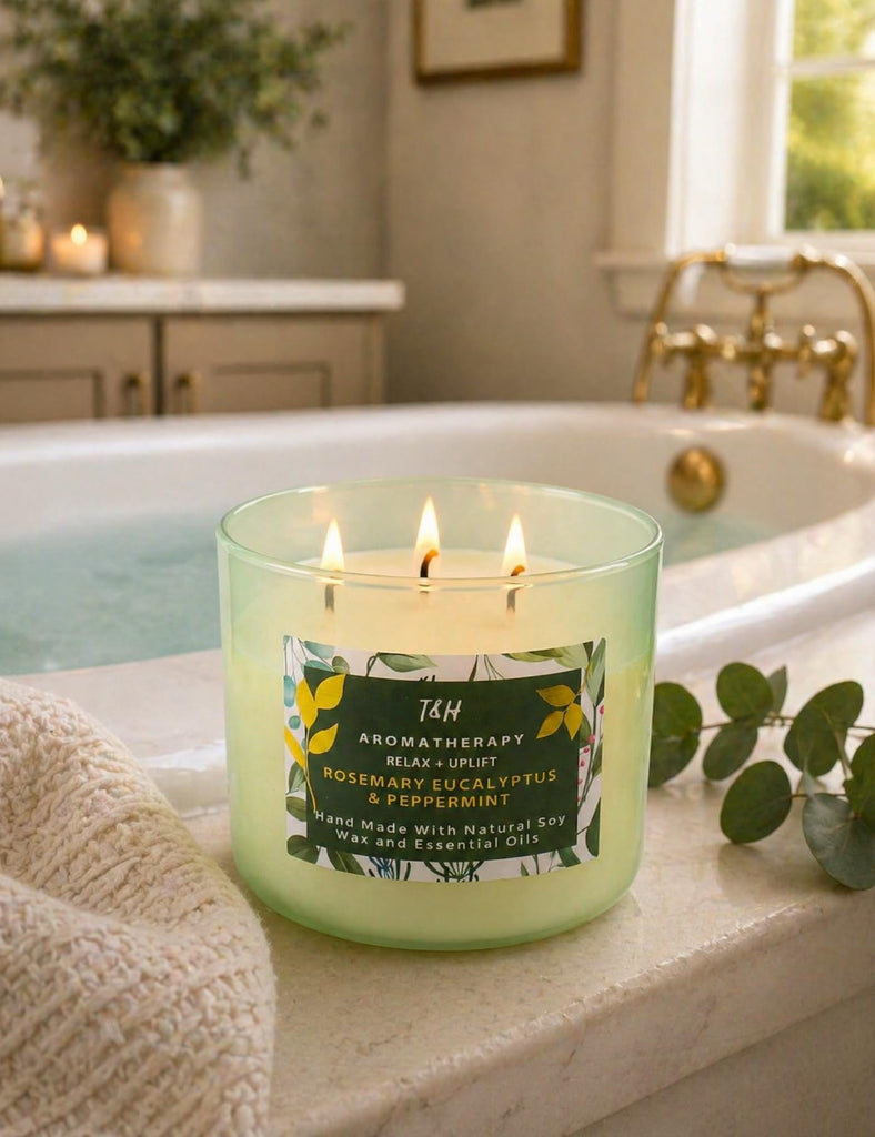 Rosemary Eucalyptus Peppermint Scented Candle, 3 Wick Soy Candle, 15.8 Oz