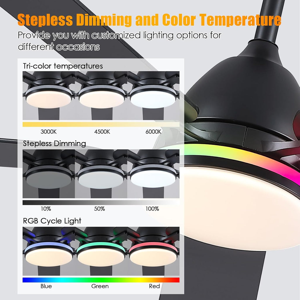 Ceiling Fans with Lights, 52 Inch Low Profile Ceiling Fan with Light and Remote Control,Reversible, RGB_3CCT, Dimmable, Quiet, Black Ceiling Fan for Bedroom Indoor/Outdoor Use A101-B0DTDB527S