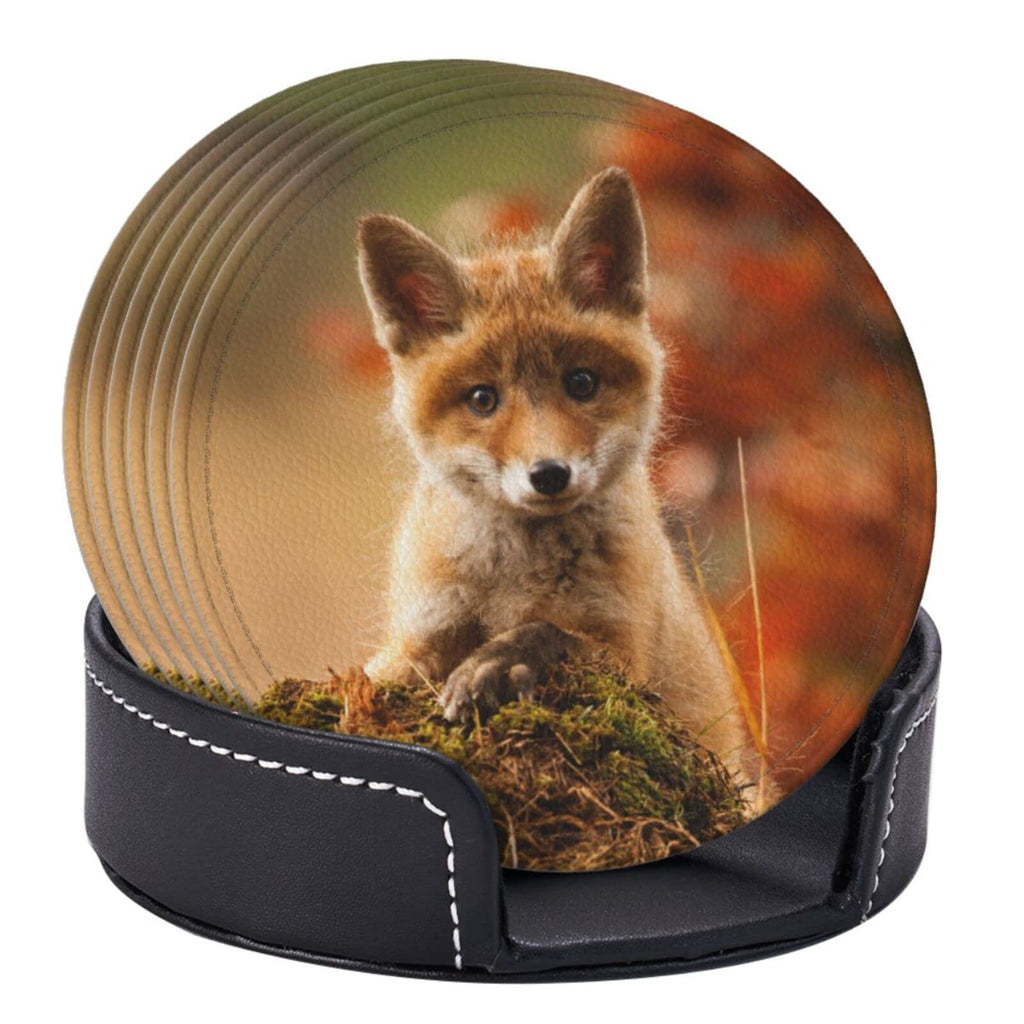 6 Pcs Fox Leather Coasters for Drinks with Holder Coaster Sets Drink Table Cup Coasters Kitchen Coffee Decor