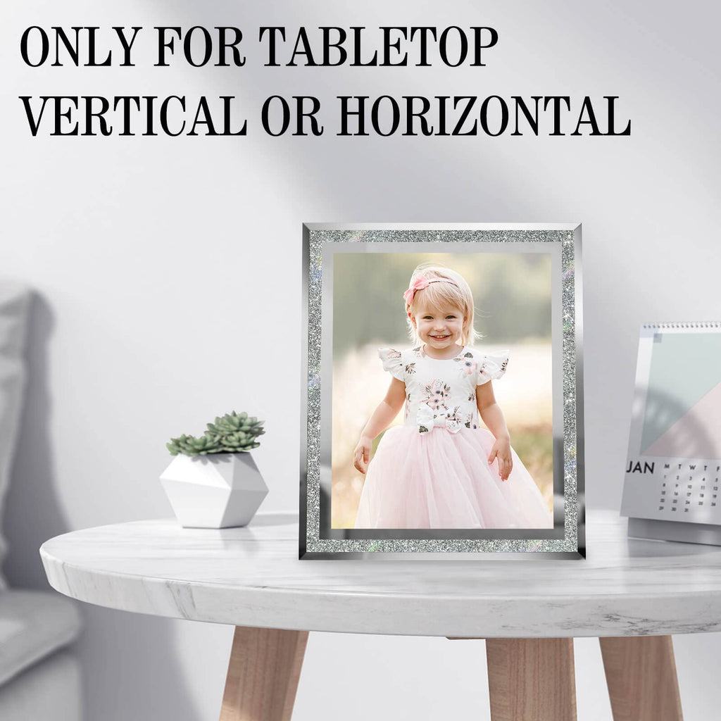 8x10 Picture Frames Silver - Set of 2, Sparkle Real Glass 8 by 10 Photo Frame Mirrored Edge Great Gift, for Tabletop
