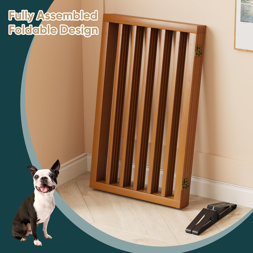 32" H Extra Tall Freestanding Dog Gates Indoor, 4-Panel Bamboo Wood Door Gates for Pets with 2 Metal Stands